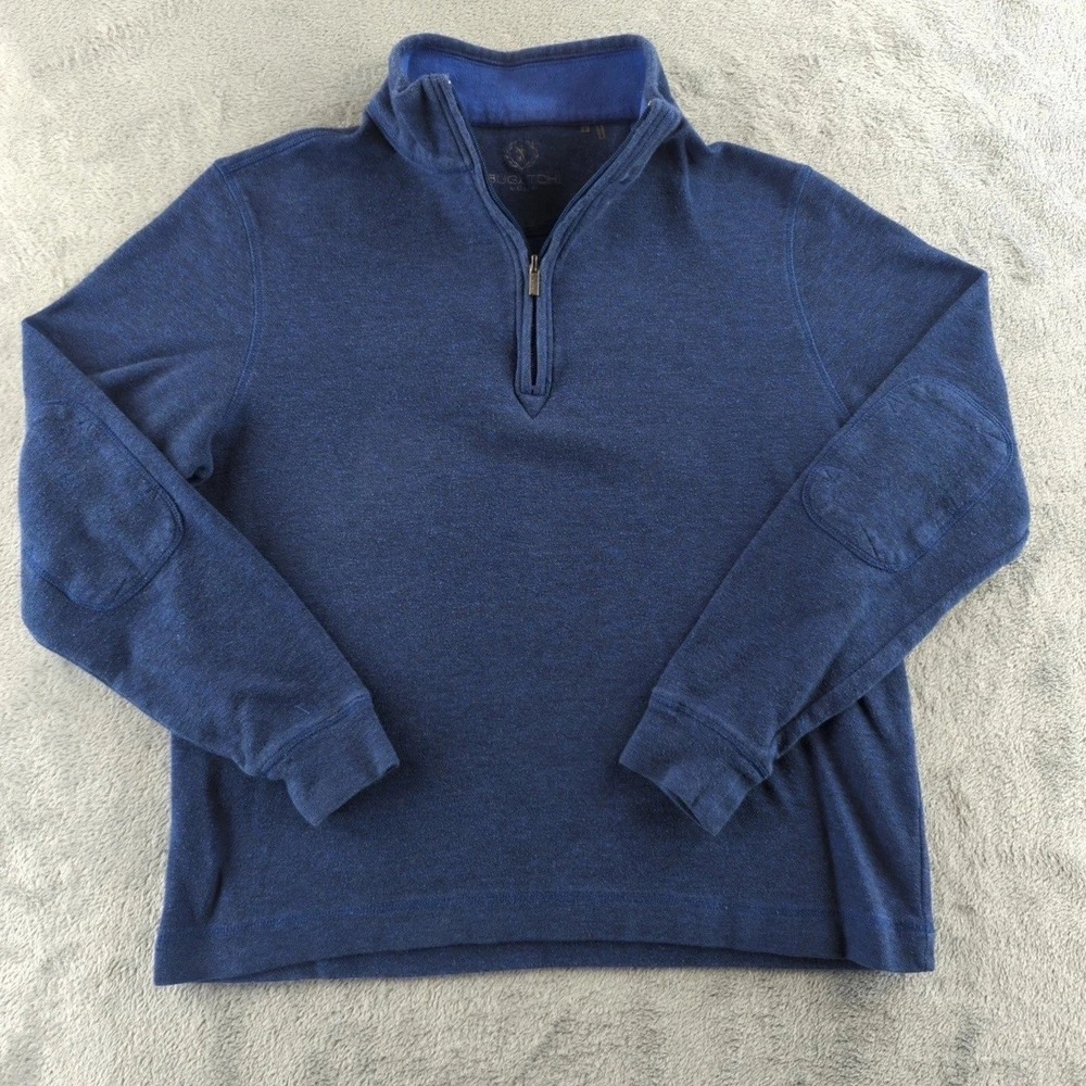 Bugatchi Mens Sweater Small Blue Heathered Quarter Zip Pullover Elbow Patch